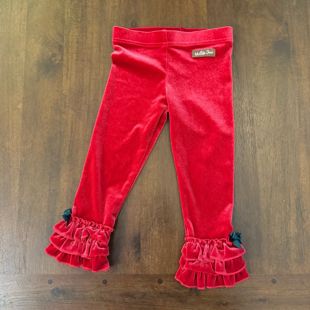 Matilda Jane Girls Red Velvet‎ Ruffle Hem Leggings with Bows Size 2 Holiday